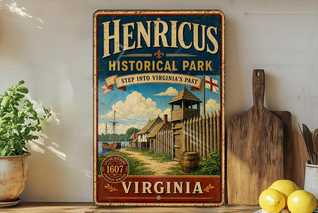 A vintage-style sign for Henricus Historical Park in Virginia, featuring a painting of a historical fort and a banner that reads "Step into Virginia's Past".