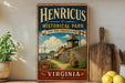 A vintage-style sign for Henricus Historical Park in Virginia, featuring a painting of a historical fort and a banner that reads "Step into Virginia's Past".