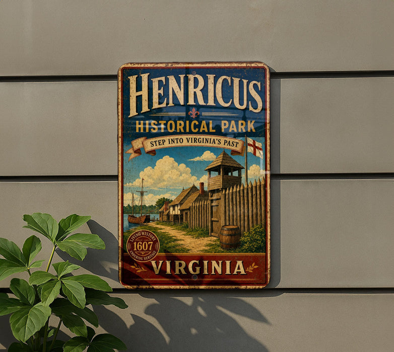 A vintage-style metal sign for Henricus Historic Park in Virginia, featuring an illustration of a historical fort or village.