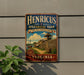 A vintage-style metal sign for Henricus Historic Park in Virginia, featuring an illustration of a historical fort or village.