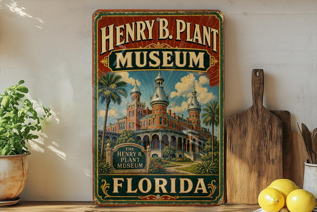 A vintage-style sign for the Henry B. Plant Museum in Florida, featuring a colorful illustration of the museum's architecture and surrounded by tropical plants.
