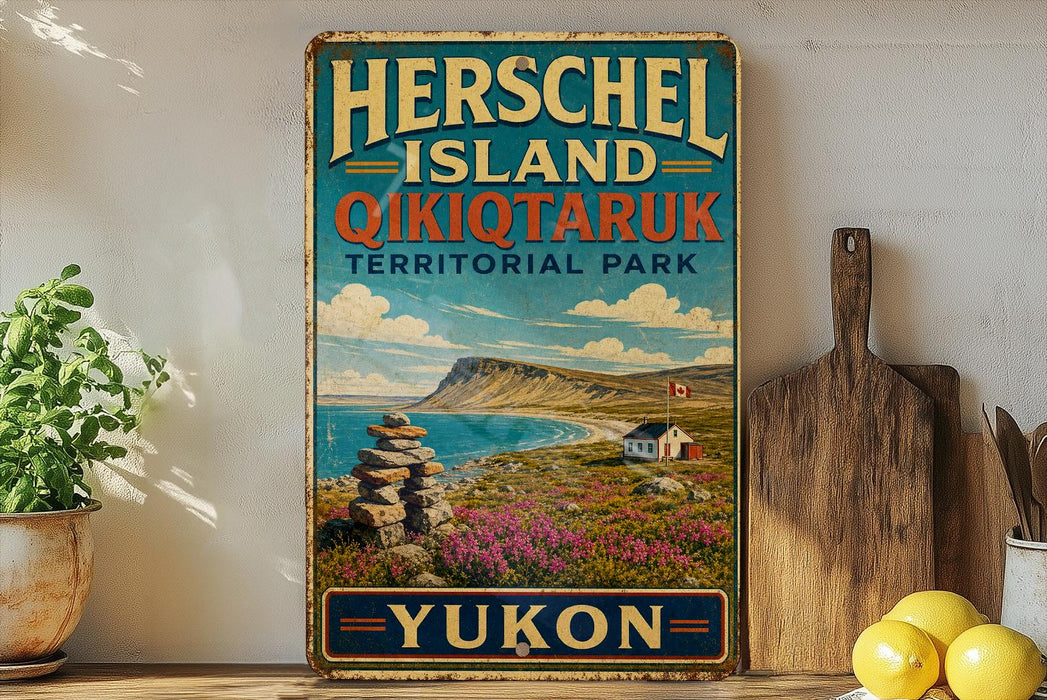 A vintage-style sign for Herschel Island, Qikiqtaruk, and Territorial Park, with a scenic landscape of mountains, a river, and a small village.