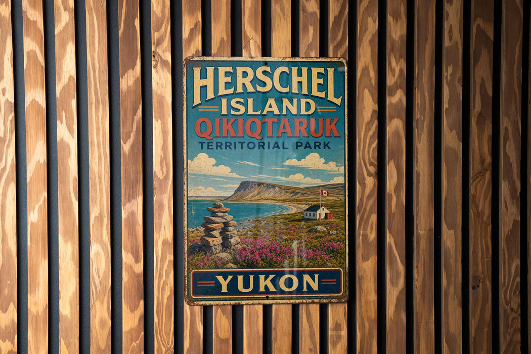 A vintage metal sign for Herschel Island, Qikiqtaruk, and Territorial Park, located in Yukon, Canada.