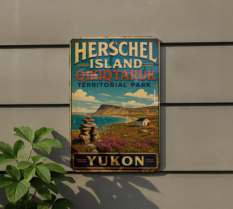 A vintage-style metal sign for Herschel Island, Qikiqtaruk, and Territorial Park, with a scenic landscape featuring mountains, a beach, and colorful flowers.