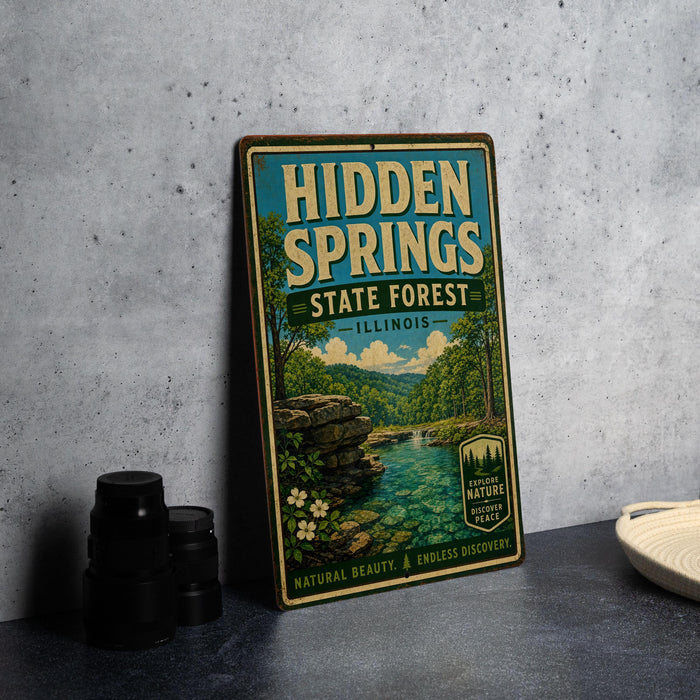 a vintage-style sign for Hidden Springs State Forest in Illinois, with a scenic illustration of a forest and a river.