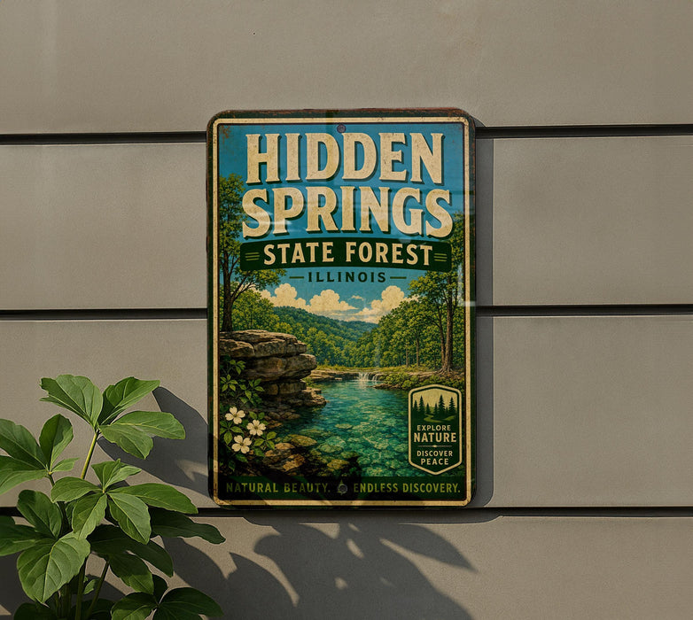 a vintage-style sign for Hidden Springs State Forest in Illinois, with a scenic landscape of a river, trees, and a waterfall.