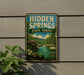 a vintage-style sign for Hidden Springs State Forest in Illinois, with a scenic landscape of a river, trees, and a waterfall.
