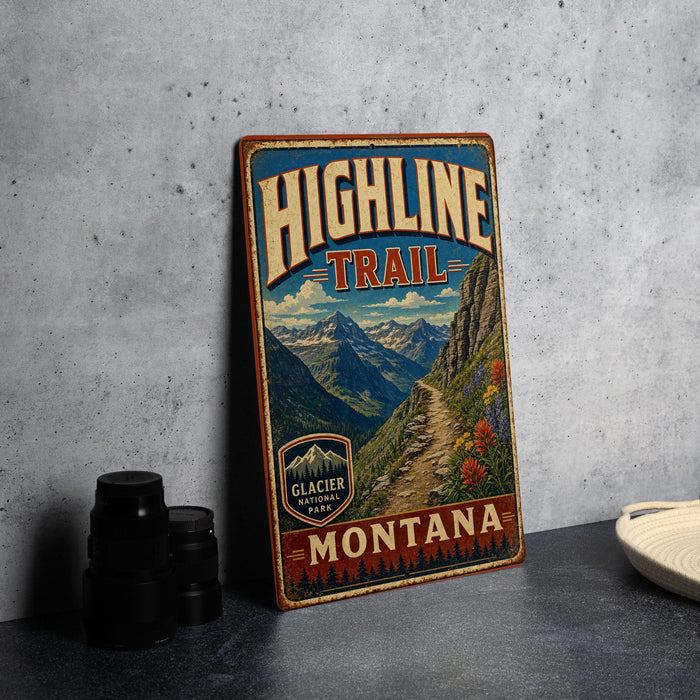 A vintage-style metal sign for the Highline Trail in Montana, featuring a mountain landscape and trail.