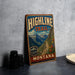 A vintage-style metal sign for the Highline Trail in Montana, featuring a mountain landscape and trail.