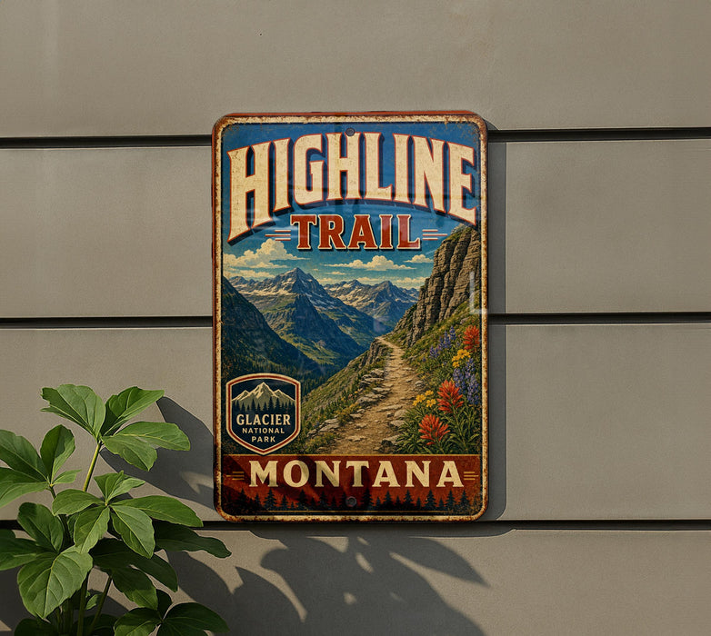 A vintage-style metal sign for the Highline Trail in Montana, featuring a scenic mountain landscape with a winding trail and colorful wildflowers.