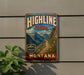 A vintage-style metal sign for the Highline Trail in Montana, featuring a scenic mountain landscape with a winding trail and colorful wildflowers.