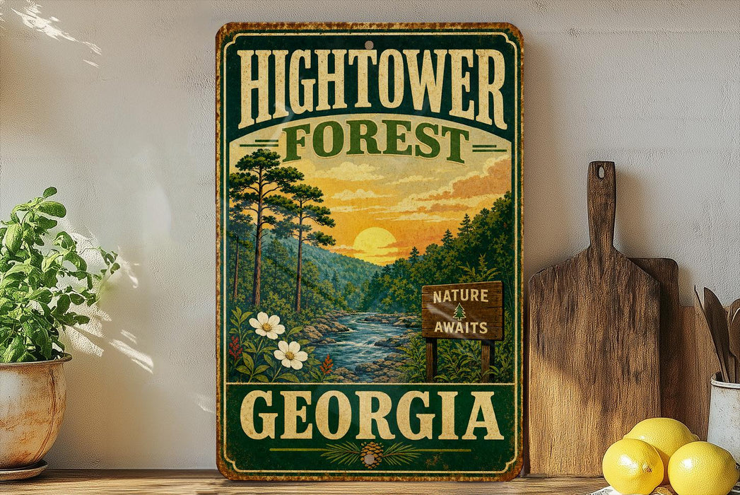 A vintage-style sign for the Hightower Forest in Georgia, featuring a scenic landscape with pine trees, a river, and a sunset.