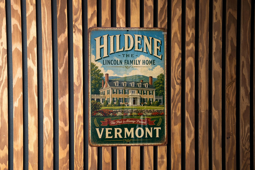 A vintage-style sign for Hildene, the Lincoln Family Home, mounted on a wooden wall.