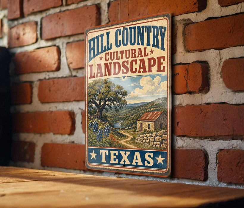 A vintage-style metal sign with the text "Hill Country Cultural Landscape" and "Texas" is displayed on a brick wall.