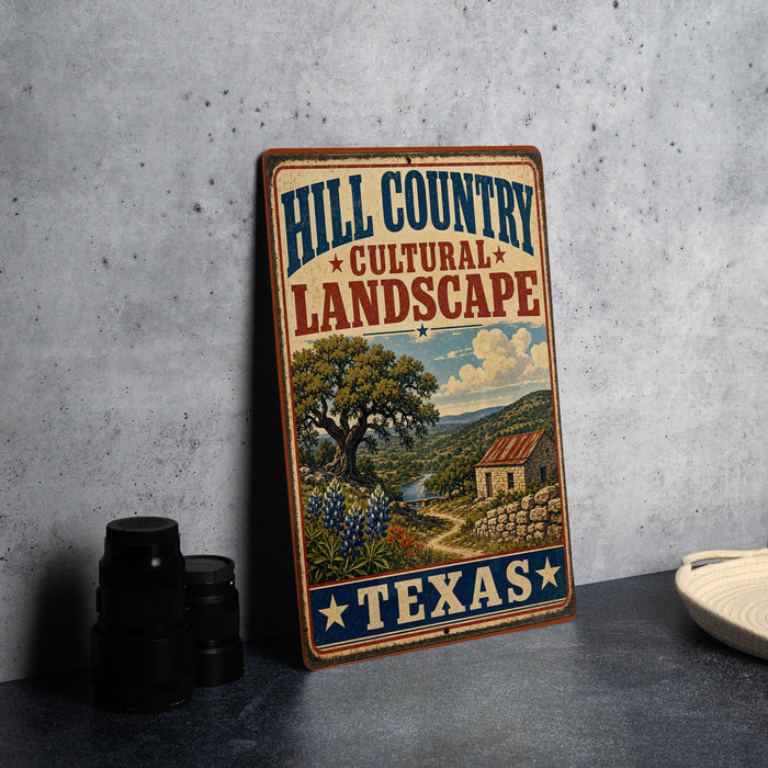 A vintage-style metal sign advertising "Hill Country Cultural Landscape" in Texas, featuring a scenic landscape with a tree, house, and mountains.
