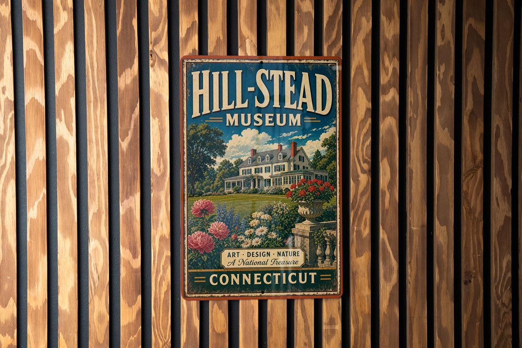A vintage metal sign for the Hill-Stead Museum in Connecticut, featuring an illustration of a house surrounded by flowers and greenery.