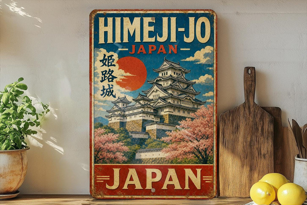 A vintage-style sign advertising Himeji-jo, Japan, featuring a castle and cherry blossoms.