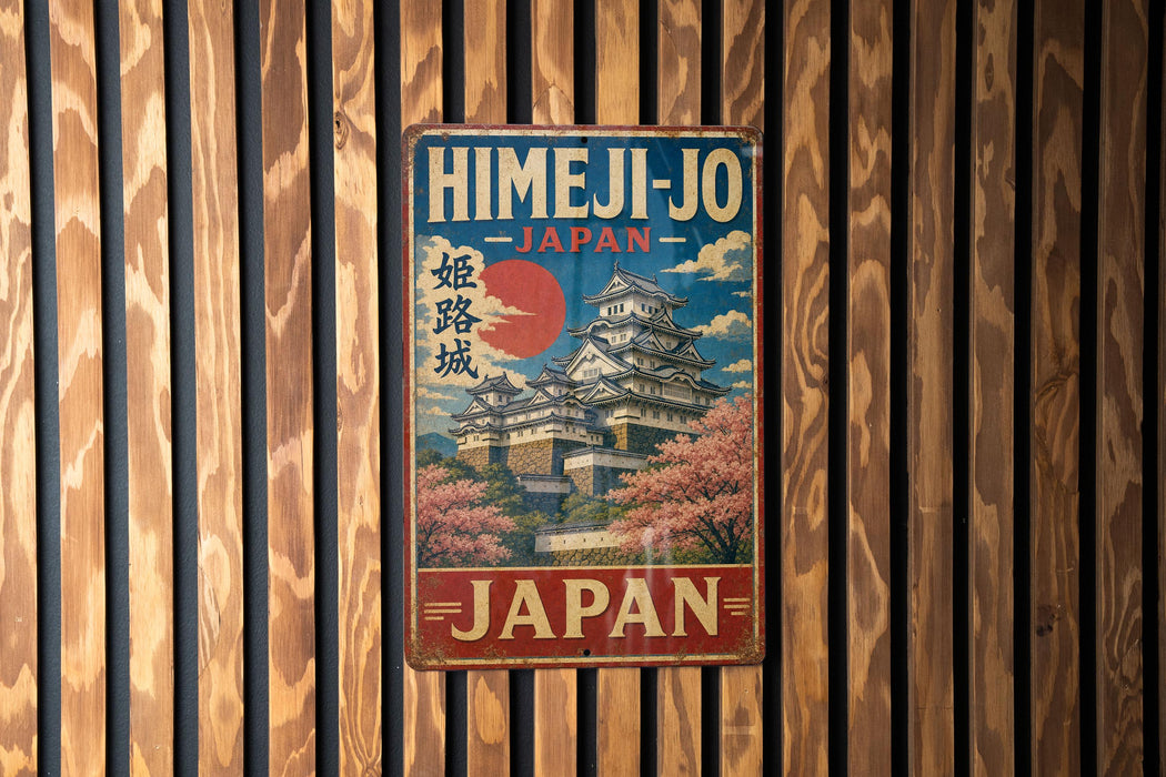A vintage-style metal sign with Japanese text and an illustration of a Japanese castle or pagoda, mounted on a wooden wall.
