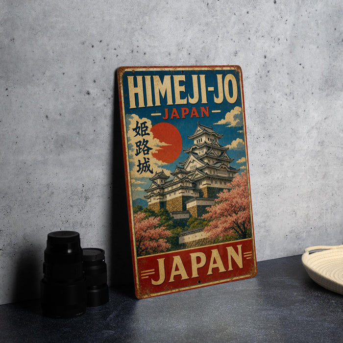A vintage-style sign advertising Himeji-jo, Japan, featuring an illustration of a castle surrounded by cherry blossoms.