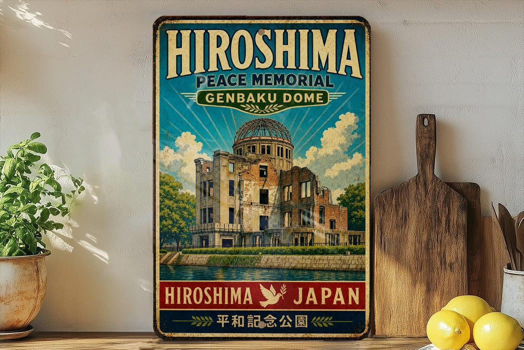 A vintage-style poster of the Hiroshima Peace Memorial Genbaku Dome, featuring a large illustration of the damaged nuclear bomb shelter and the text "HIROSHA PEACE MEMORIAL GENBaku DOME" and "HIROSHA JAPAN".