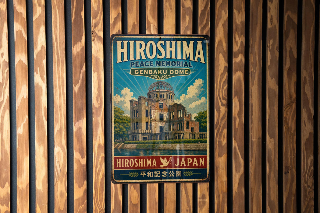 A vintage metal sign for the Hiroshima Peace Memorial, featuring an illustration of the Genbaku Dome, is displayed on a wooden wall.