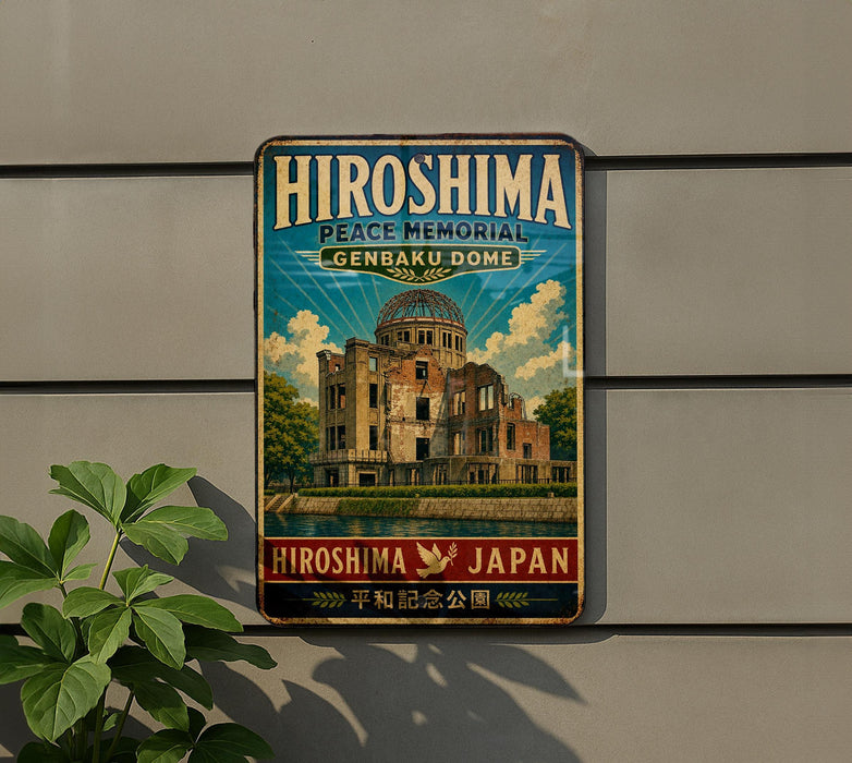 A vintage metal sign for the Hiroshima Peace Memorial Genbaku Dome, featuring an illustration of the damaged nuclear facility.