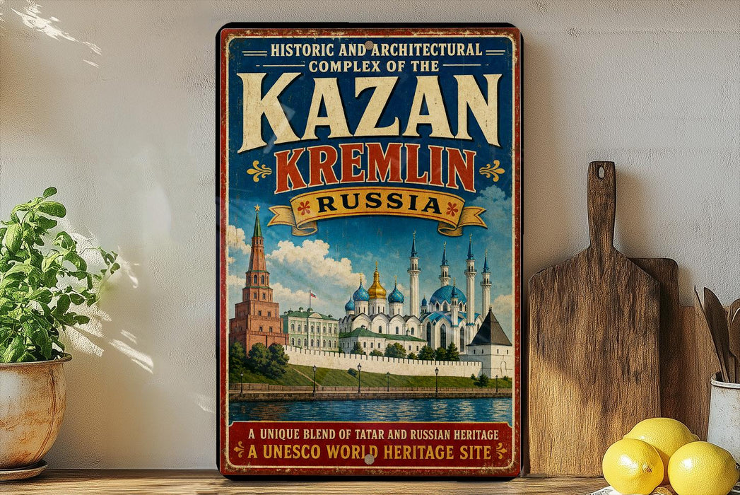A vintage-style metal sign with the text "Kazan Kremlin Russia" and an illustration of the Kazan Kremlin in Russia.