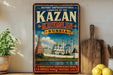 A vintage-style metal sign with the text "Kazan Kremlin Russia" and an illustration of the Kazan Kremlin in Russia.