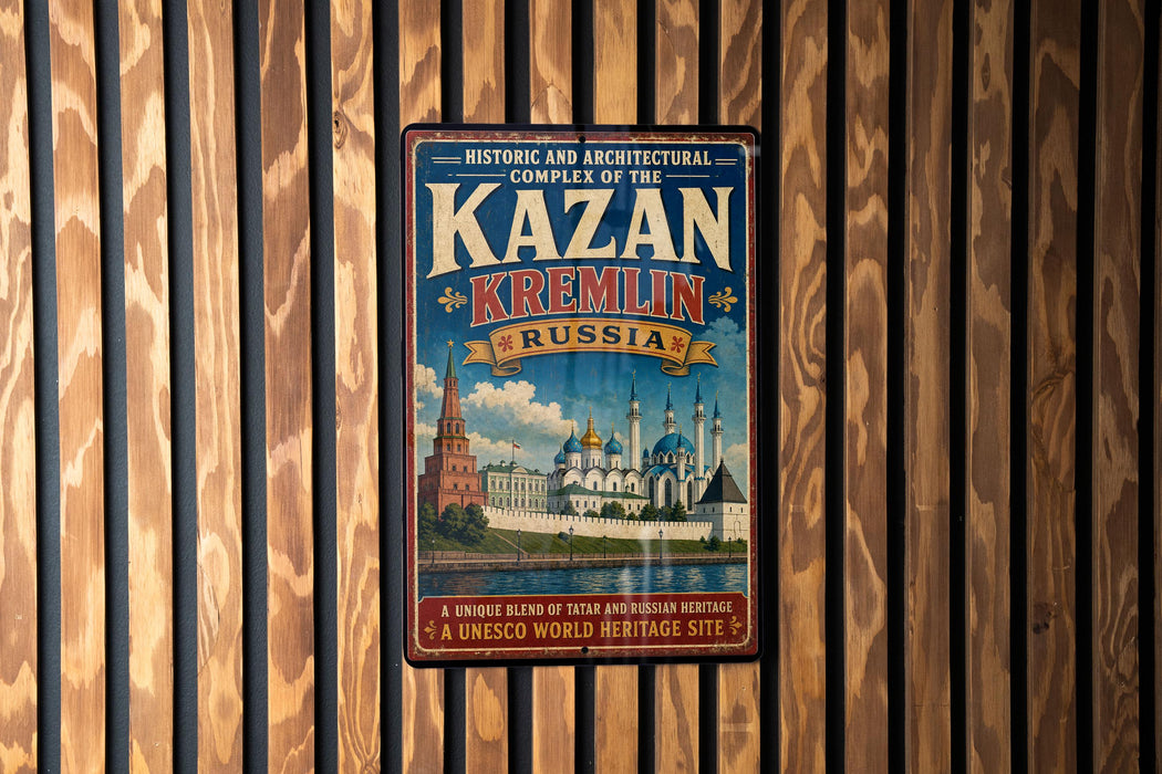 A vintage-style metal sign with the text "KAZAN KREMLIN RUSSIAN" and an illustration of a Russian palace or fortress.
