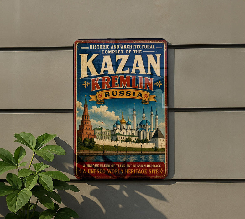 A vintage-style poster advertising the Kazan Kremlin in Russia, featuring a colorful illustration of the historic complex and its iconic landmarks.