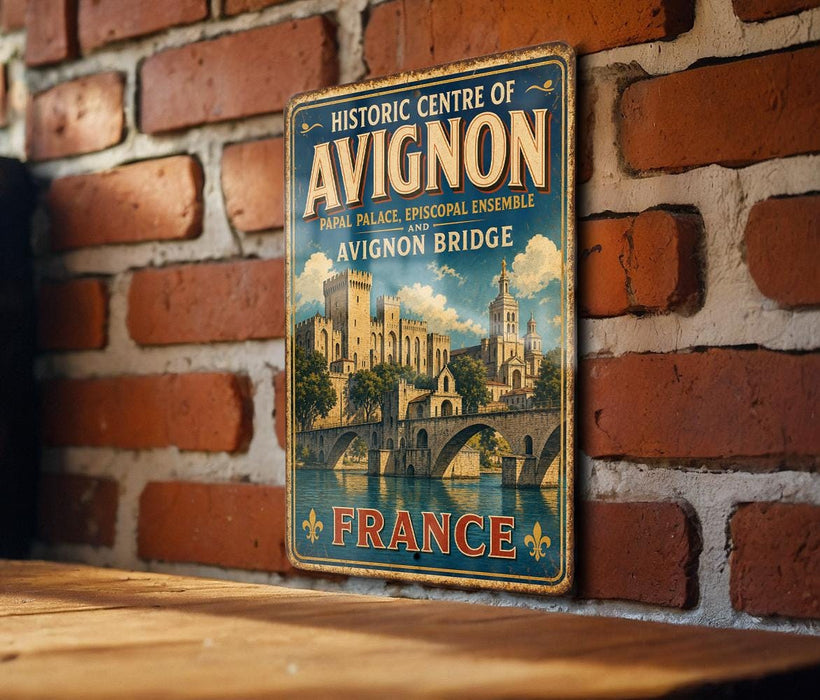 A vintage-style metal sign for the historic centre of Avignon, France, featuring an illustration of the Avignon Bridge and the Palace of Avignon.