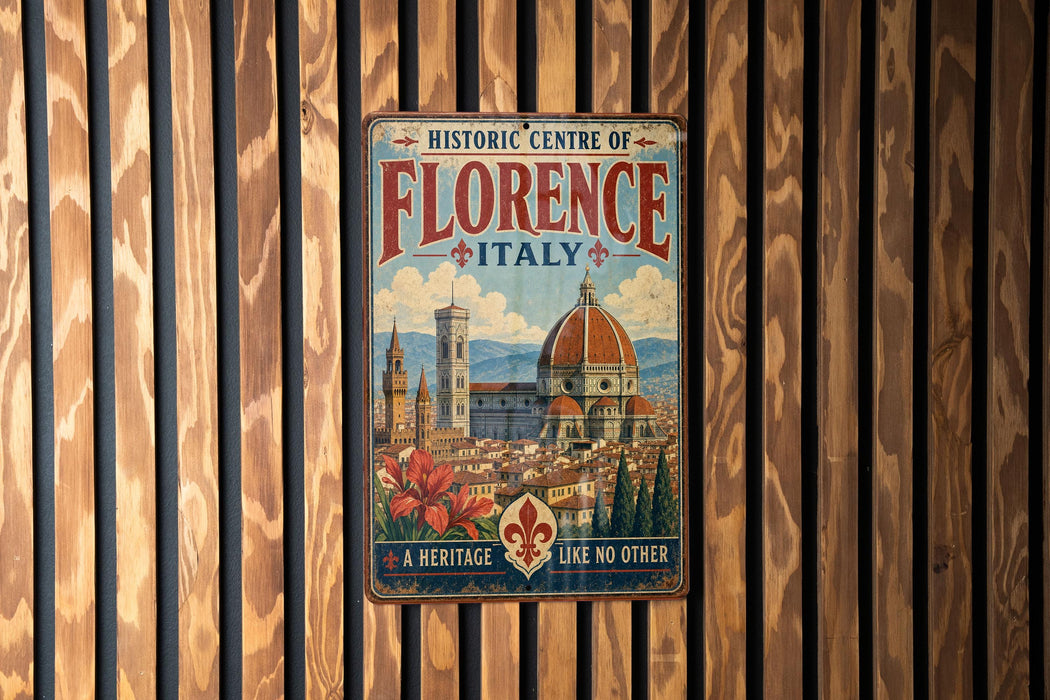 A vintage-style metal sign for the Historic Centre of Florence, Italy, featuring a colorful illustration of the city's landmarks and a message about the area being like no other.