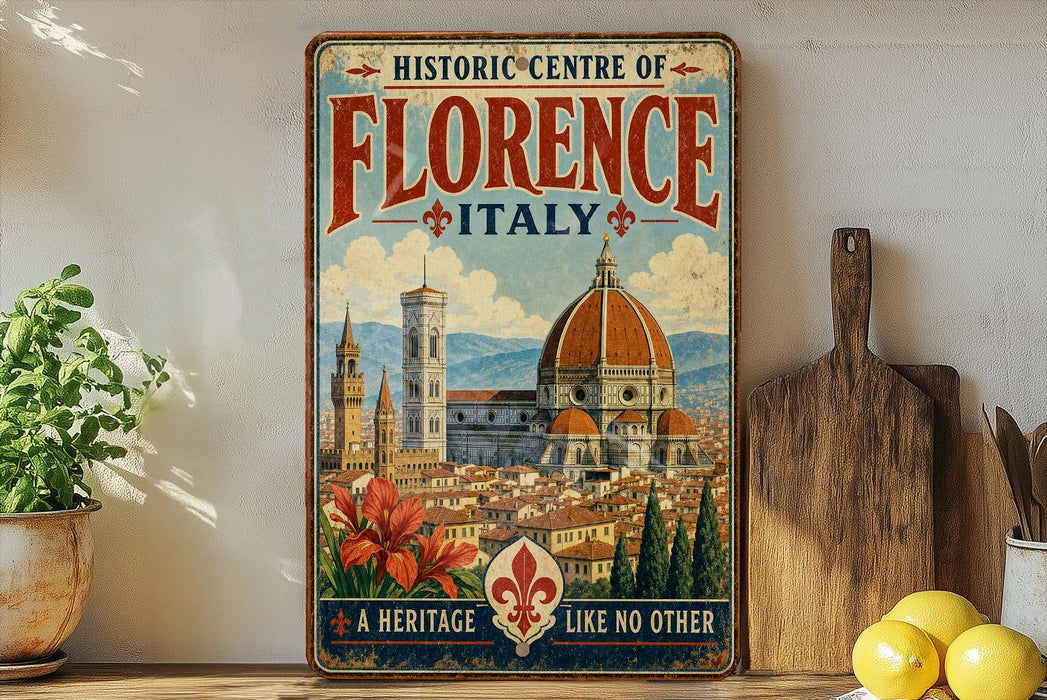 A vintage-style metal sign for the Historic Centre of Florence, Italy, featuring a colorful illustration of the city's landmarks and a message about the area being like no other.