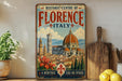 A vintage-style metal sign for the Historic Centre of Florence, Italy, featuring a colorful illustration of the city's landmarks and a message about the area being like no other.