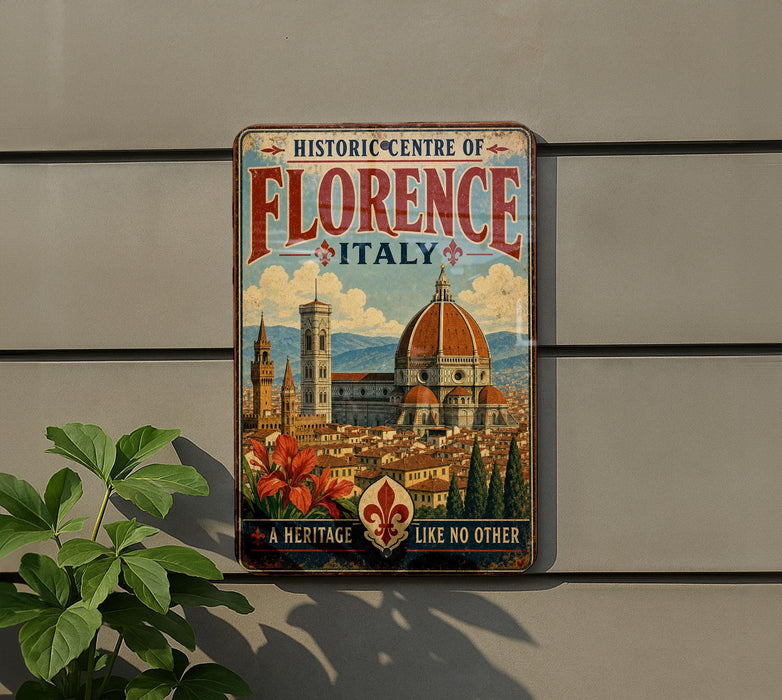 A vintage-style sign for the Historic Centre of Florence, Italy, featuring the iconic dome of the Florence Cathedral and the surrounding cityscape.