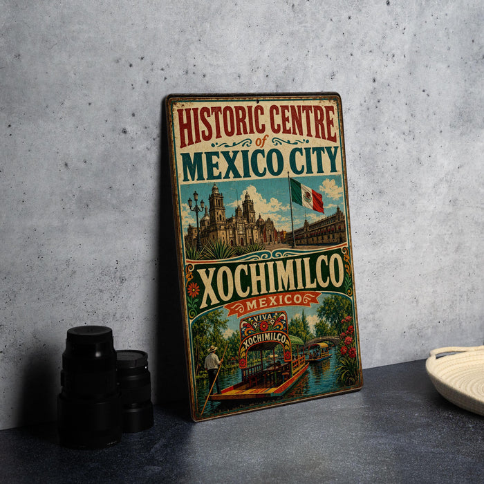 A vintage-style metal sign for the Historic Centre of Mexico City, featuring illustrations of the city's landmarks and a boat on the water.