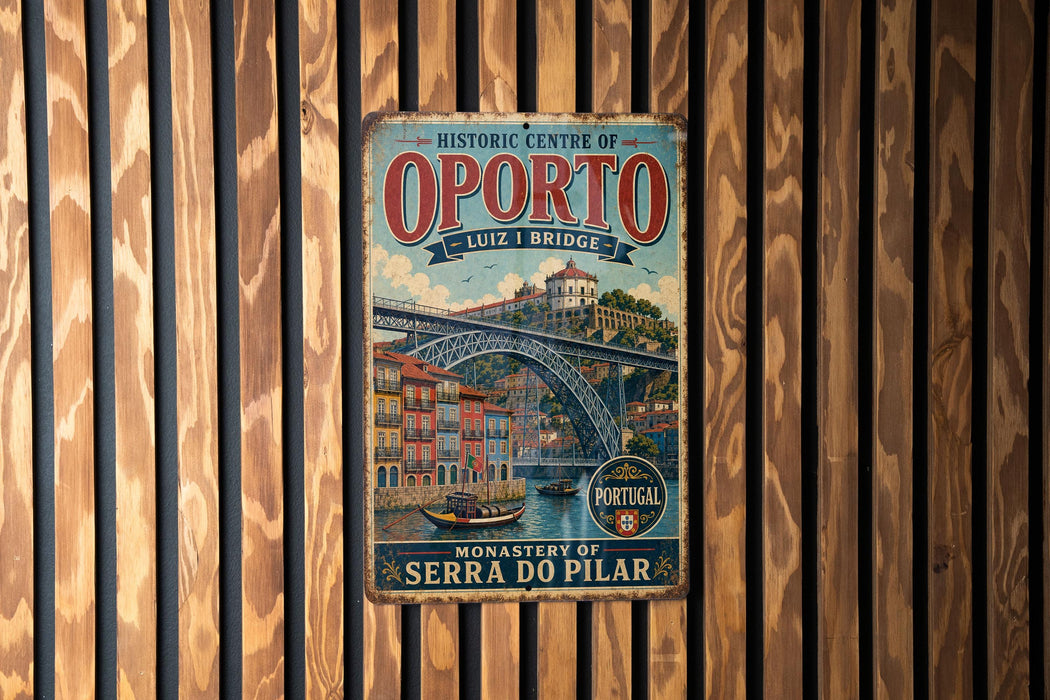 A vintage-style metal sign for the Historic Centre of Oporto, Portugal, featuring an illustration of the Luiz I Bridge.