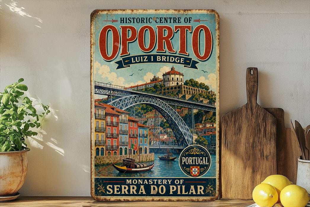 a vintage-style poster of the Luiz I Bridge in Portugal, displayed on a wall next to a wooden cutting board and some potted plants.