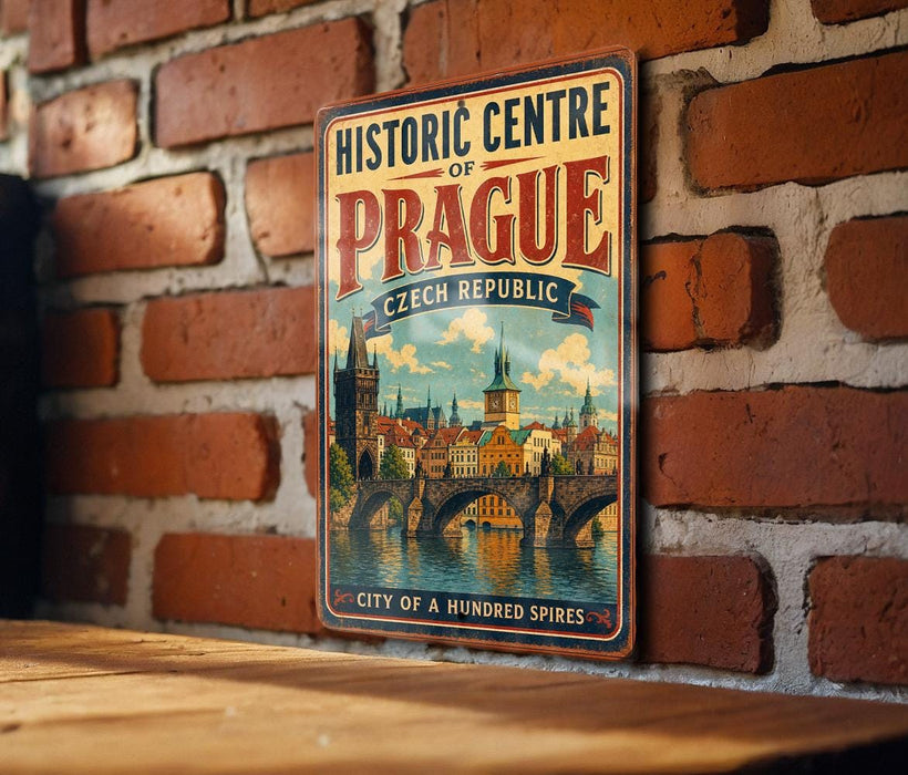 A vintage-style poster of the historic center of Prague, Czech Republic, featuring a cityscape and a bridge, is displayed on a brick wall.