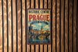 A vintage-style metal sign for the Historic Centre of Prague, Czech Republic, featuring an illustration of the city's landmarks and architecture.