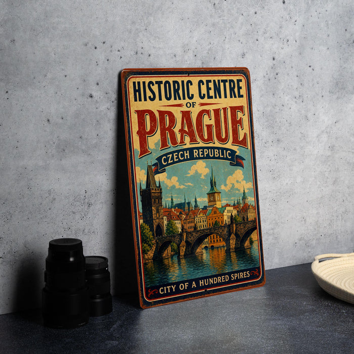 A vintage-style sign for the Historic Centre of Prague, featuring an illustration of the city's landmarks and a banner that reads "Czech Republic City of a Hundred Spires".