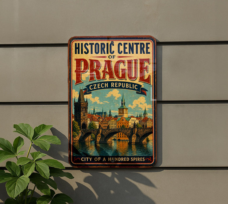 a vintage-style sign for the Historic Centre of Prague, Czech Republic, with a picture of the city's iconic landmarks and architecture.