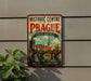 a vintage-style sign for the Historic Centre of Prague, Czech Republic, with a picture of the city's iconic landmarks and architecture.