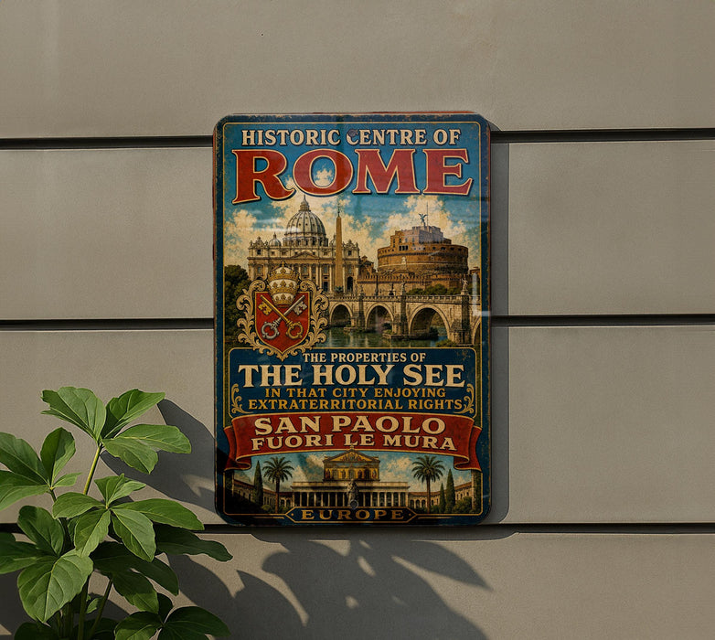 a sign for the historic Centre of Rome, Italy, with a picture of the city's landmarks and a coat of arms.