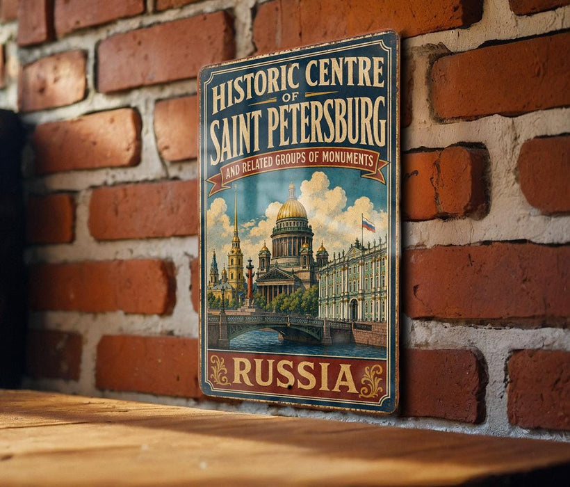 A vintage-style metal sign displaying the name of the historic center of Saint Petersburg, Russia, with an illustration of the city's landmarks.