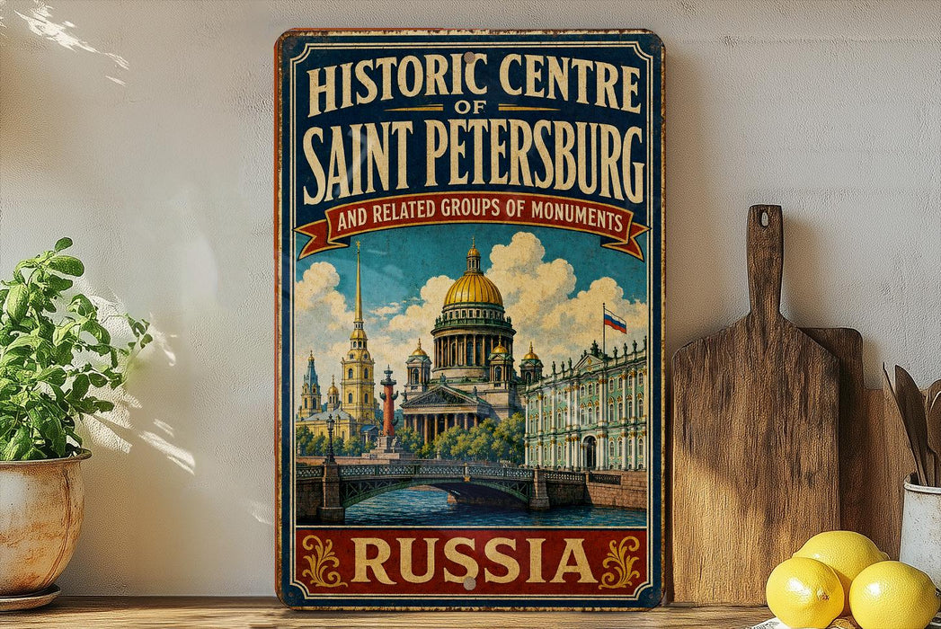 A vintage-style sign for the Historic Centre of Saint Petersburg, Russia, featuring an illustration of the city's landmarks and architecture.