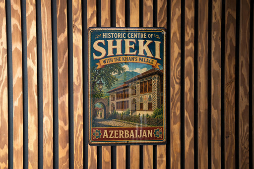 A vintage-style metal sign with the text "HISTORIC CENTRE OF SHEKI" and "WITH THE KHANS PALACE" is displayed on a wooden wall.