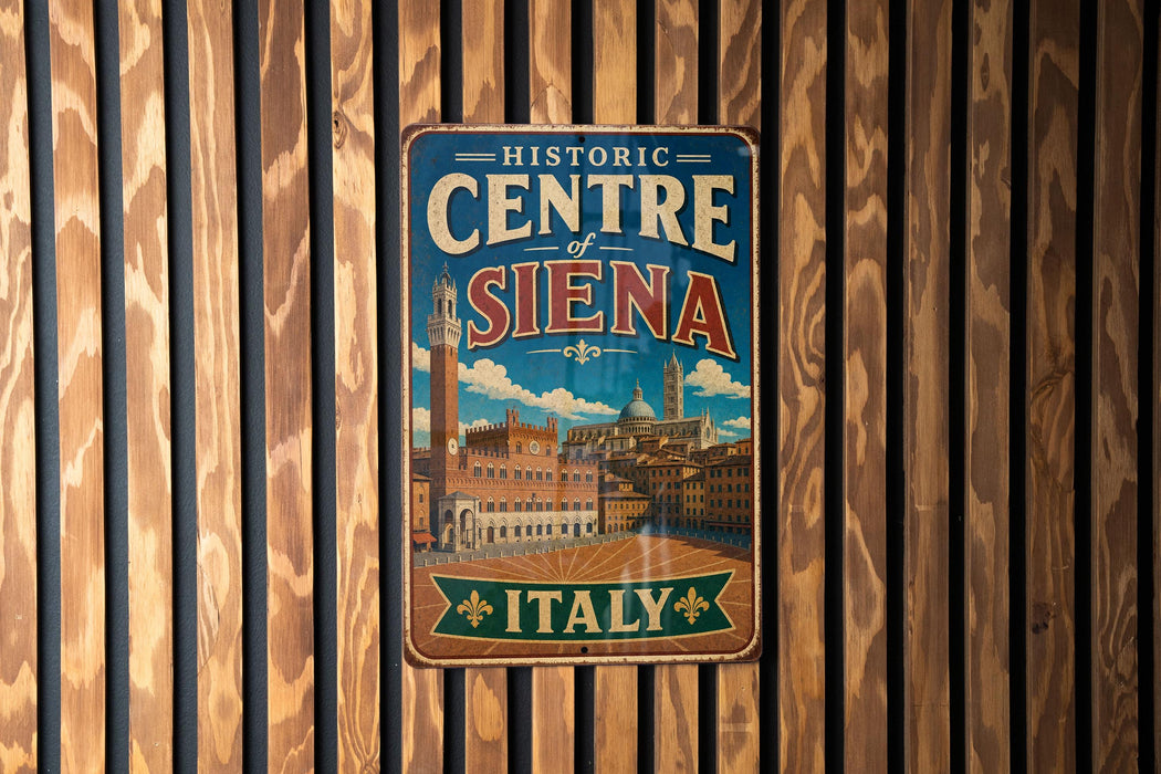 A vintage-style metal sign with the text "HISTORIC CENTRE of Siena Italy" displayed on a wooden wall.
