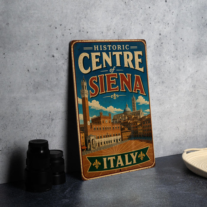 A vintage-style metal sign with the text "Historic Centre of Siena Italy" displayed prominently, featuring an illustration of the historic center of Siena, Italy.