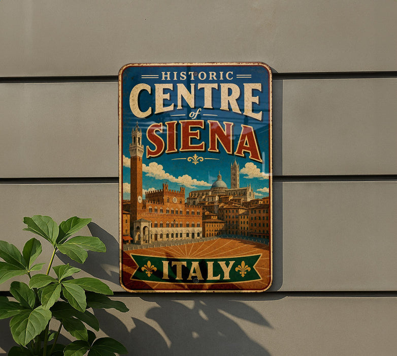 A vintage-style metal sign with the text "HISTORIC CENTRE of SIENA ITALY" and an illustration of a cityscape, mounted on a wall.